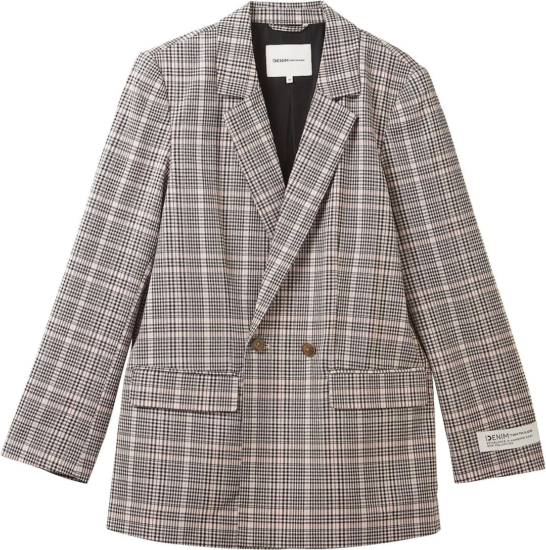 TOM TAILOR Denim Damen Loose Fit Blazer mit Karomuster XS 32456-rose Grey Check, XS 32456-rose Grey