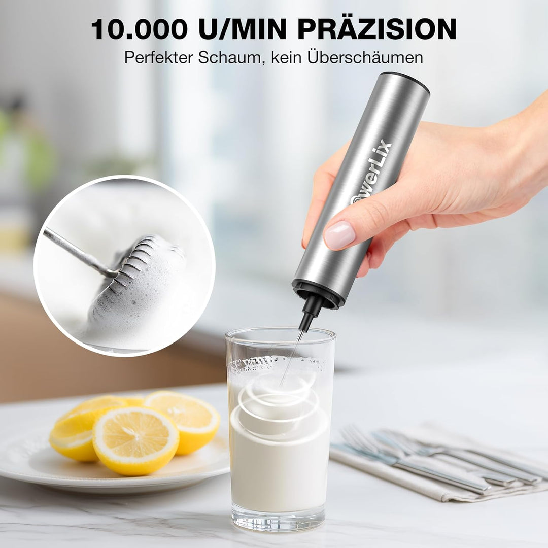 POWERLIX Pro 3-in-1 Elektrischer Milchschäumer Handheld - USB-C Wiederaufladbar, 10.000 U/min Schnel