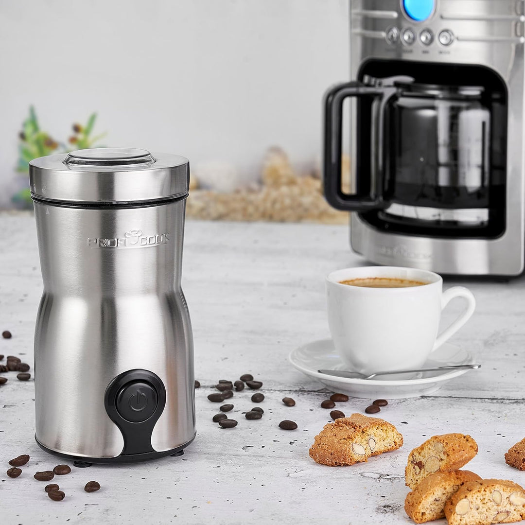 PC-KSW 1093 Kaffeemühle mit Schlagwerk, Edelstahlgehäuse, Sicherheitsschaltung, Edelstahldeckel mit