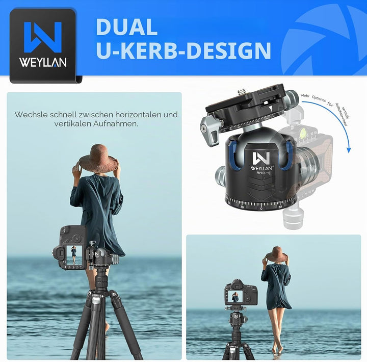WEYLLAN Doppelter Panorama Low Profile Kugelkopf für 360 °drehbar,Stativkopf mit Schnellwechselplatt
