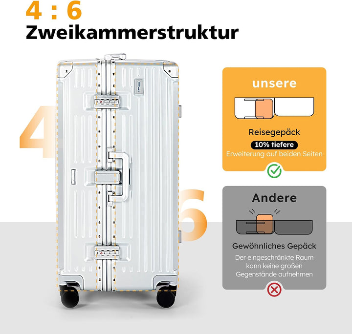 ALPHA CAMP Koffer XXL Hartschale mit TSA Schloss Koffer Gross 105L Silber | Aluminium Rahmen Polycar