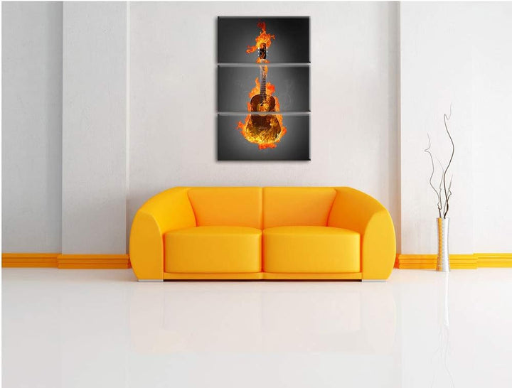 Pixxprint Brennende Gitarre Heisse Flammen als Leinwandbild | Grösse: 3 Teilig (120x80) | Wandbild|