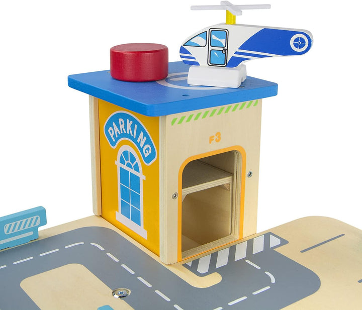 Leomark Grosse Parkgarage aus Holz - Auto Parkhaus - Garage mit Zubehör, Spielgarage mit Lift,