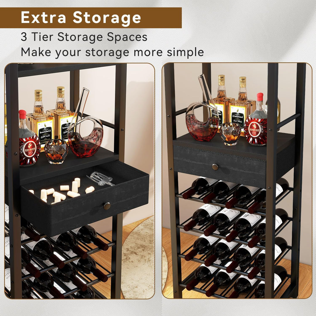 IBUYKE Weinregal, 4-Lagiges Freistehendes Weinregal Mit Glashalter Und Schublade, 16 Flaschenregal C