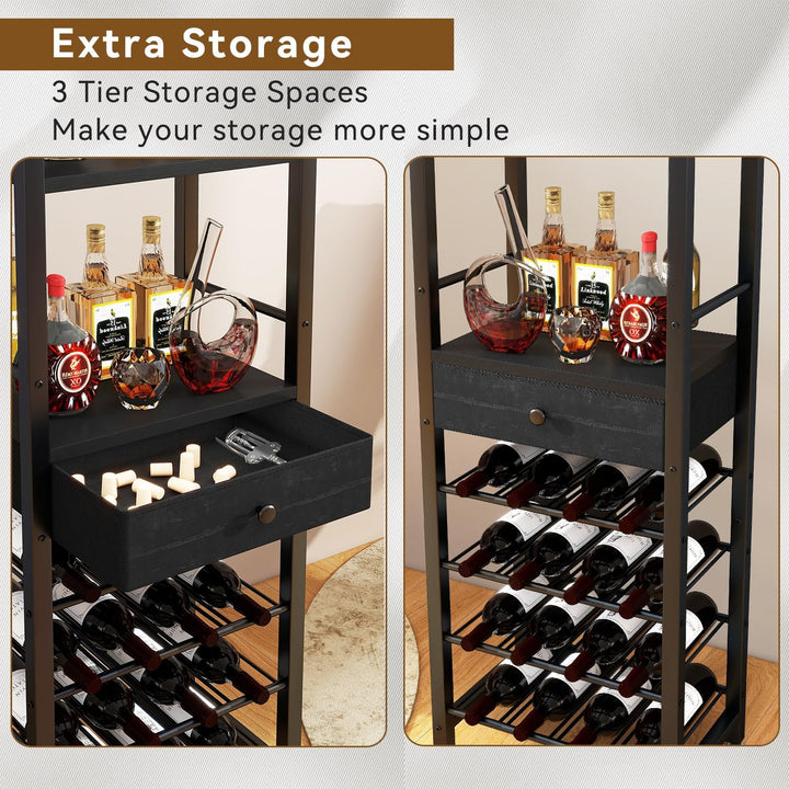 IBUYKE Weinregal, 4-Lagiges Freistehendes Weinregal Mit Glashalter Und Schublade, 16 Flaschenregal C