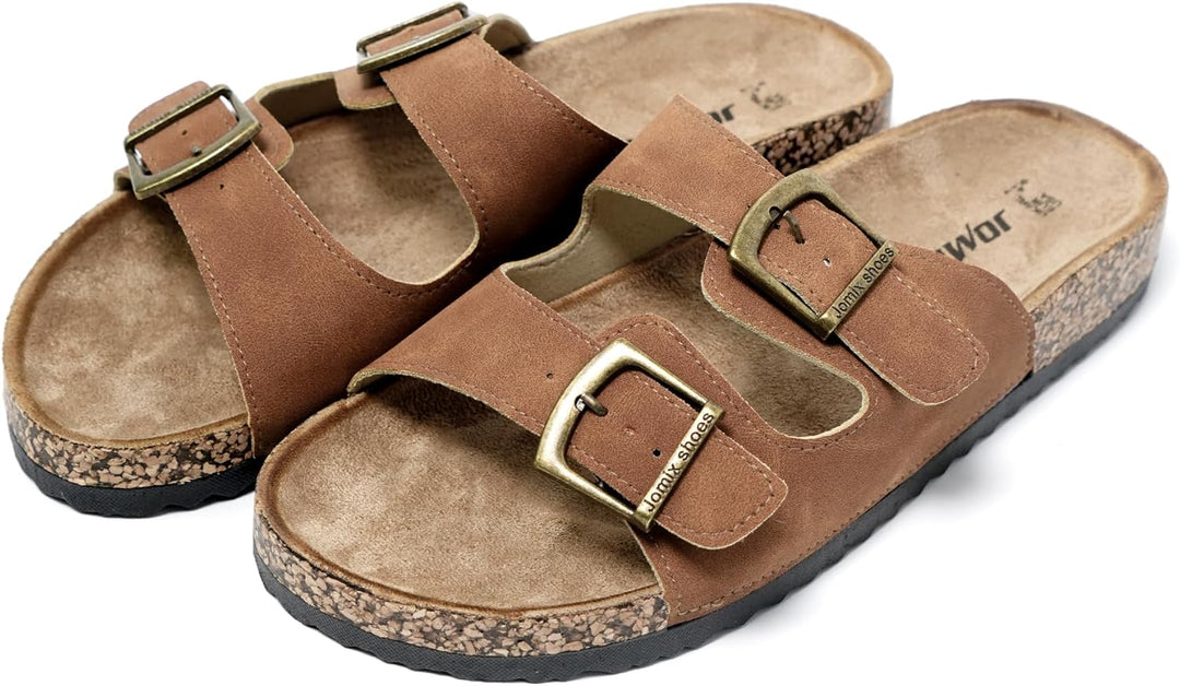 JOMIX Sommer Pantoletten Herren Kunstleder Sandalen Weiche Cork Fussbett Latschen Flache Strandschuh