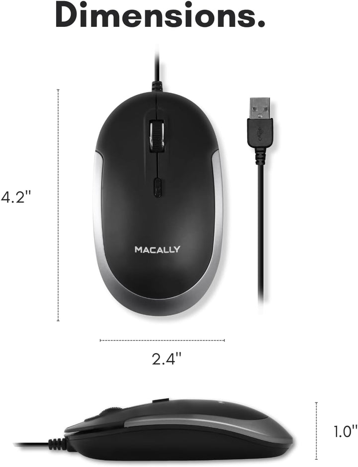 Macally DYNAMOUSE, MacBook Maus mit 3 Tasten und Scrollrad, optisch mit Kabel, Mouse für USB-A Noteb