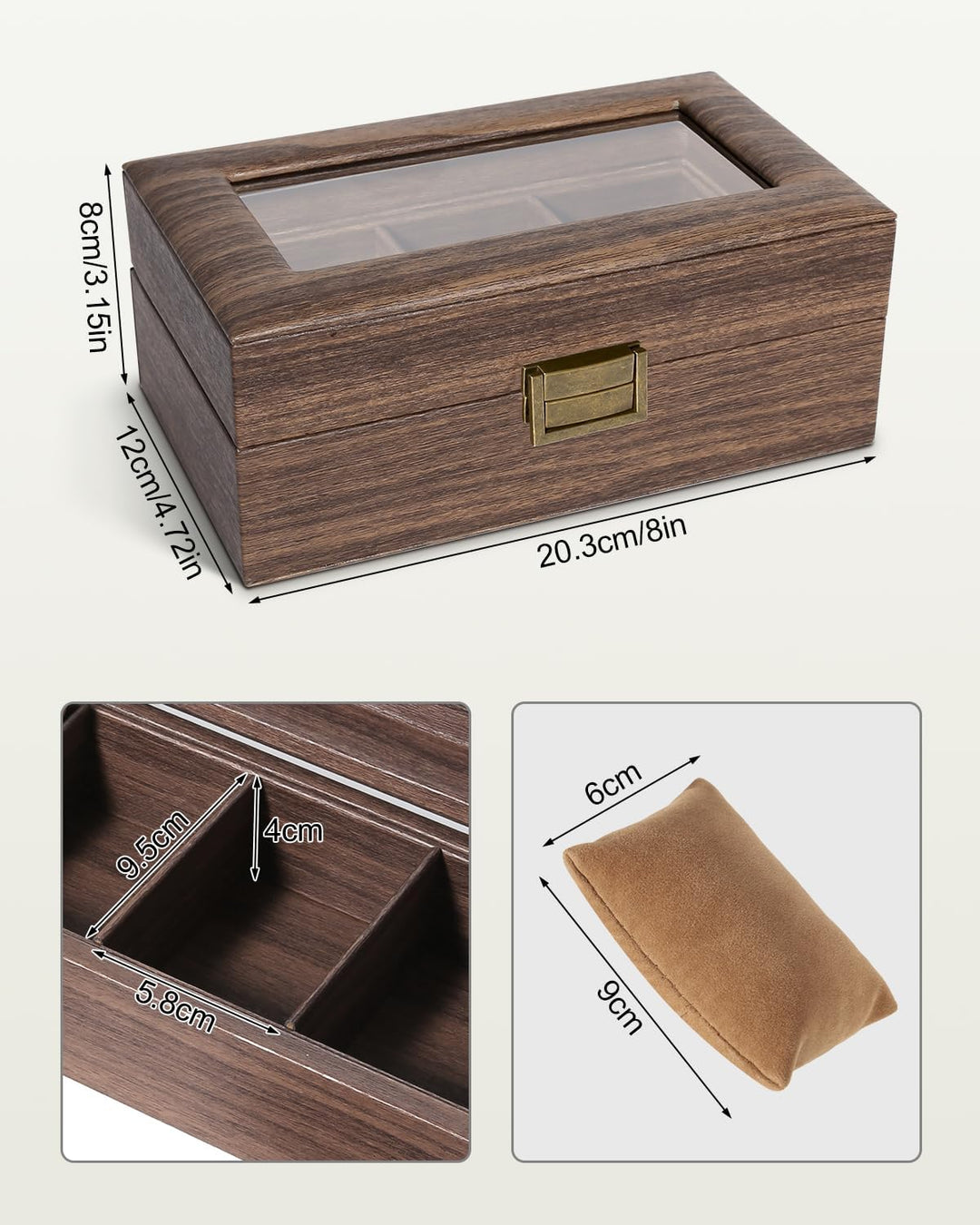 Uten Uhrenbox mit 3 Fächern, Uhrenbox mit Glasabdeckung, Uhrendisplay Aufbewahrungsbox für Damen und