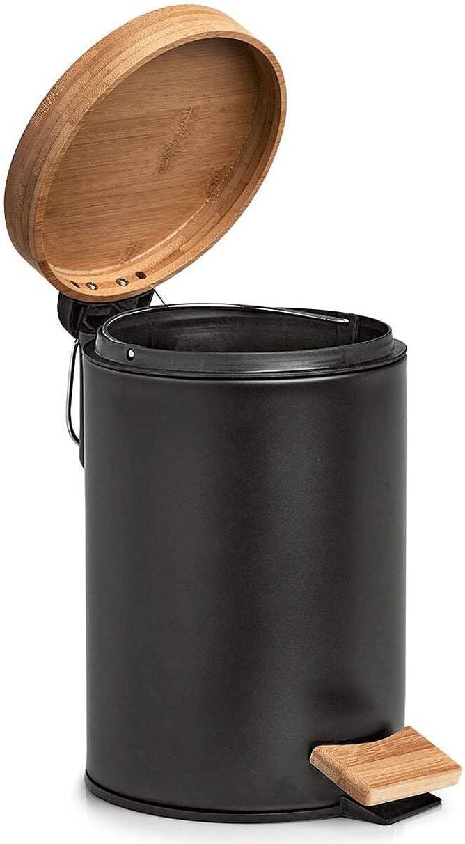 Zeller Present 18910 Kosmetikeimer, 3 ltr., Metall/Bambus, schwarz, Soft-Close, Circa 16,8x24 cm