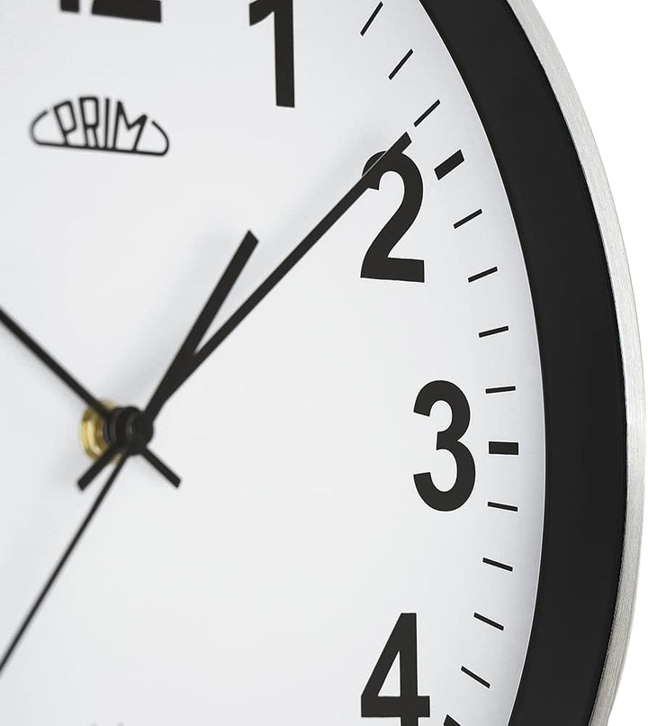PRIM Design Radio Control Funk Wanduhr, Weiss/Silber, funkgesteuert aus Metall, Funkwanduhr Modern,