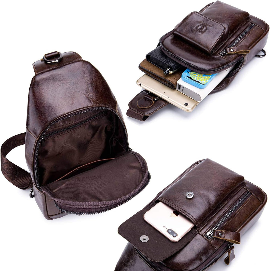 BULLCAPTAIN Herren-Umhängetasche, Leder, Schultertasche, lässiger Tagesrucksack, Brusttaschen für Re