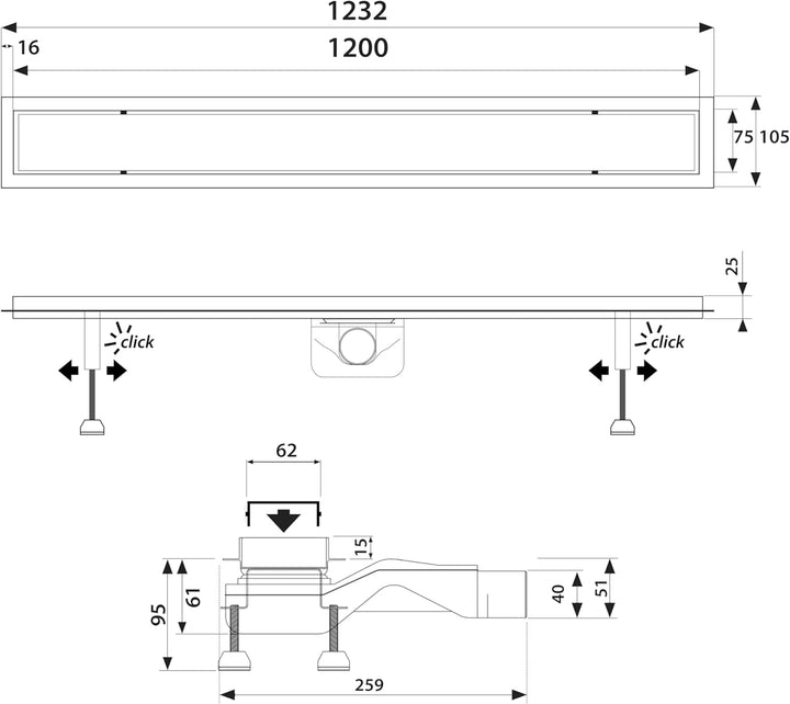extraflache Edelstahl Duschrinne Complete Basic HG Länge: 120 cm Inkl. Blende Klassisch-Hochglanz Ab