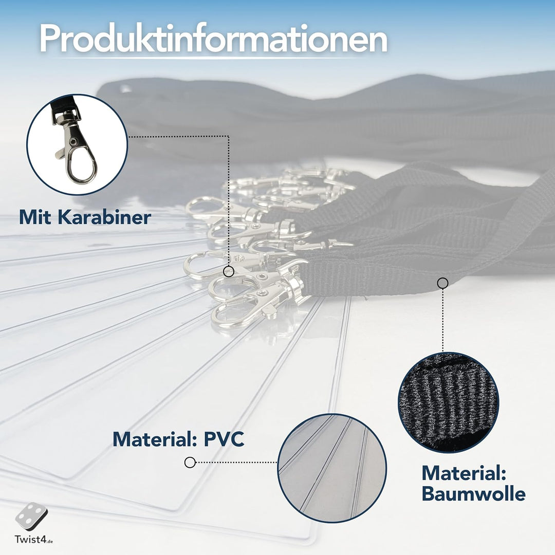 Schlüsselbänder aus Baumwolle mit Ausweishülle DIN A6 - twist4® (schwarz, 100 Stück) schwarz 100 Stü
