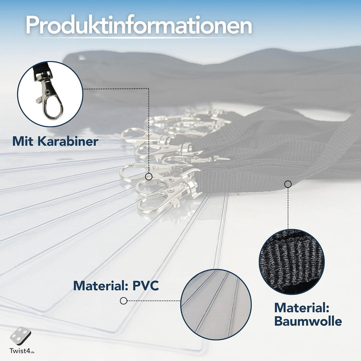 Schlüsselbänder aus Baumwolle mit Ausweishülle DIN A6 - twist4® (schwarz, 100 Stück) schwarz 100 Stü