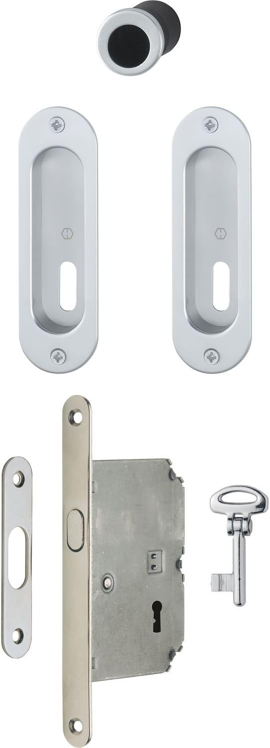 HOPPE Schiebetürmuschel Set 4930 - mit Schloss, ovale Ros. BB, Chromfarben SAT | Muschelgriffe