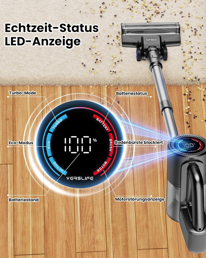 VersLife Akku Staubsauger Kabellos, 500W/45KPA Stabstaubsauger mit LED-Display und grüne Frontleucht