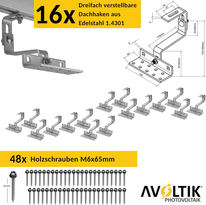 Avoltik Solar Halterung Ziegeldach I Set für 4 PV Module 30-45mm I Solarmodul Halterung Balkonkraftw