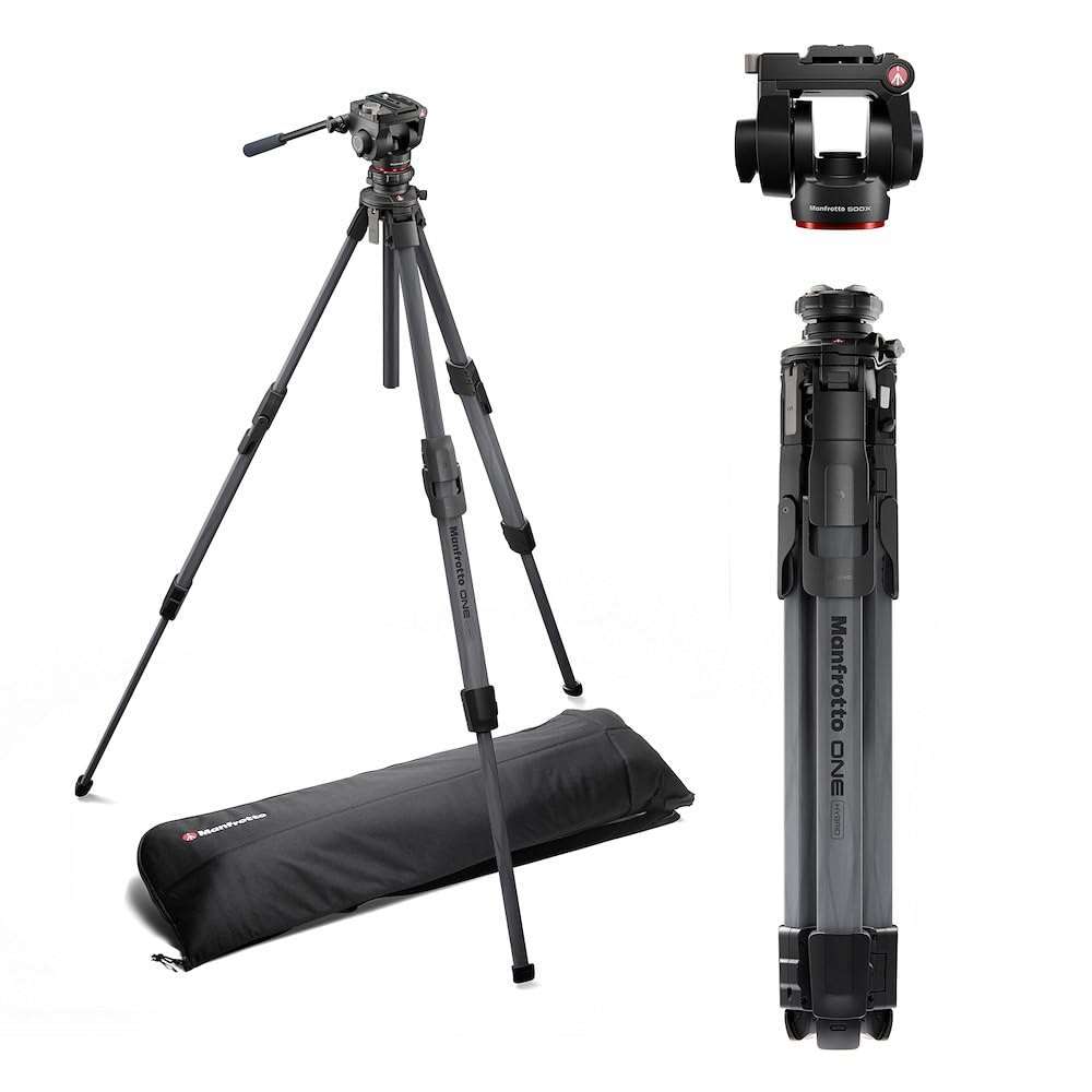 Manfrotto 500X Fluid Videokopf mit ONE Hybrid Carbon Stativ – Foto & Video Stativ Kit, 5kg Traglast,