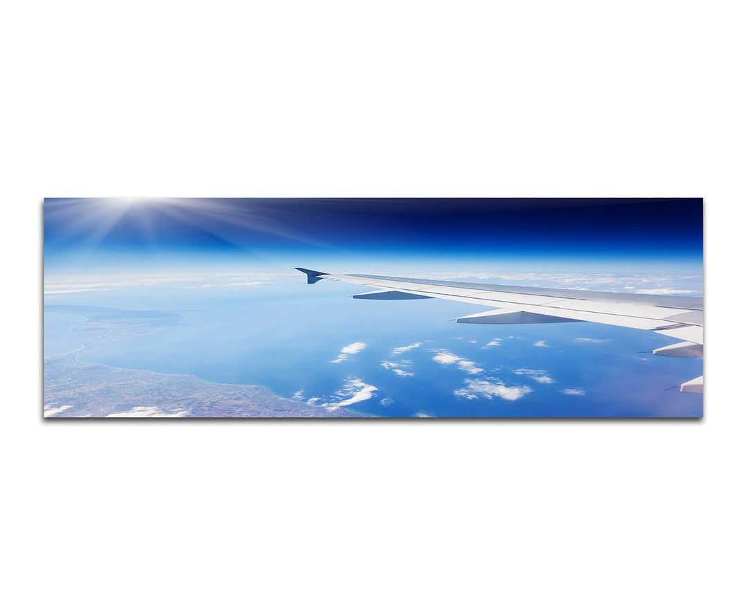 Paul Sinus Art Panoramabild auf Leinwand und Keilrahmen 150x50cm Flugzeug Flügel Himmel Wolken