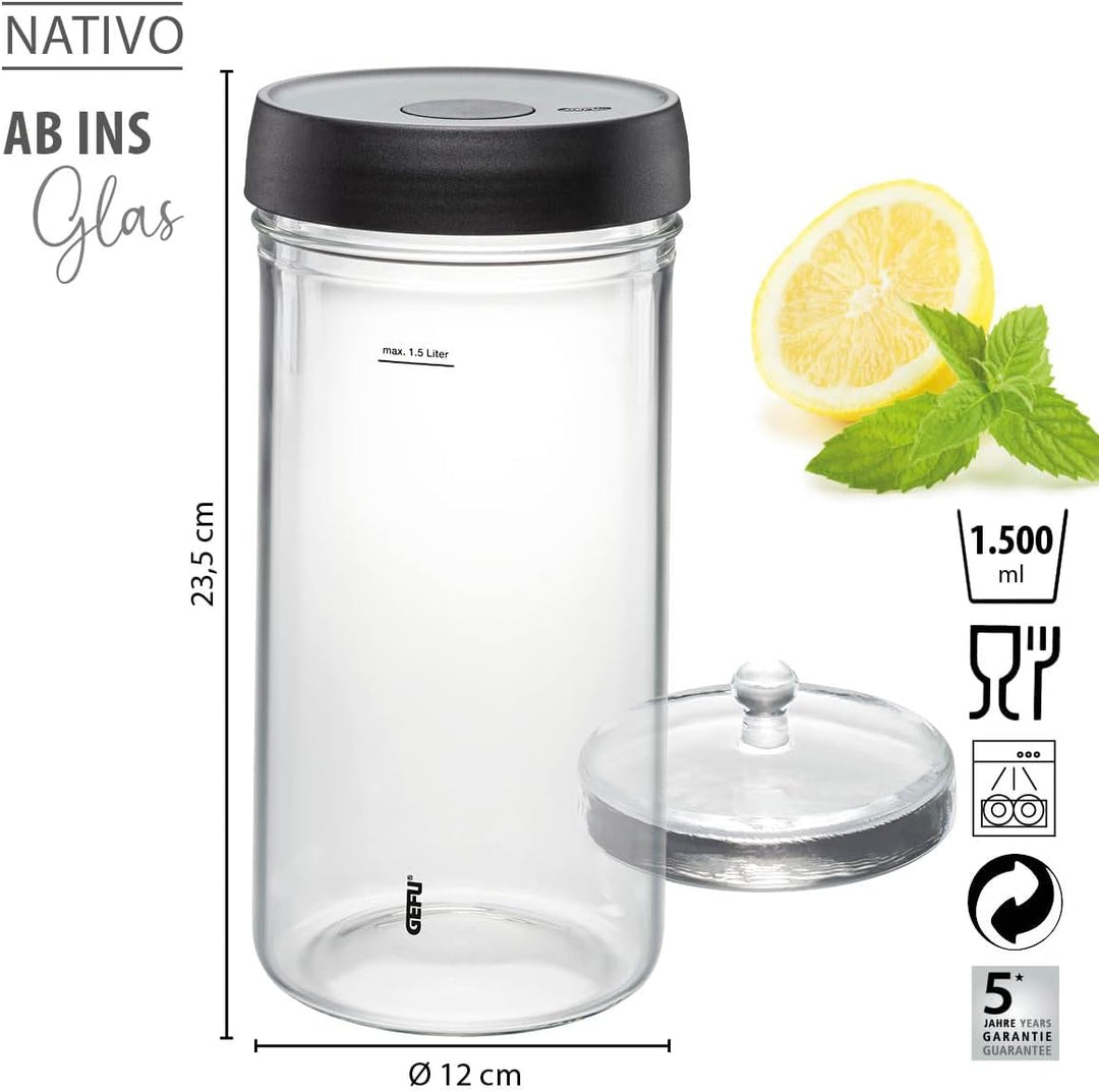 GEFU Fermentierglas NATIVO 1,5 Liter, inkl. Beschwerungsgewicht, Fermentationsglas mit Gewicht und D