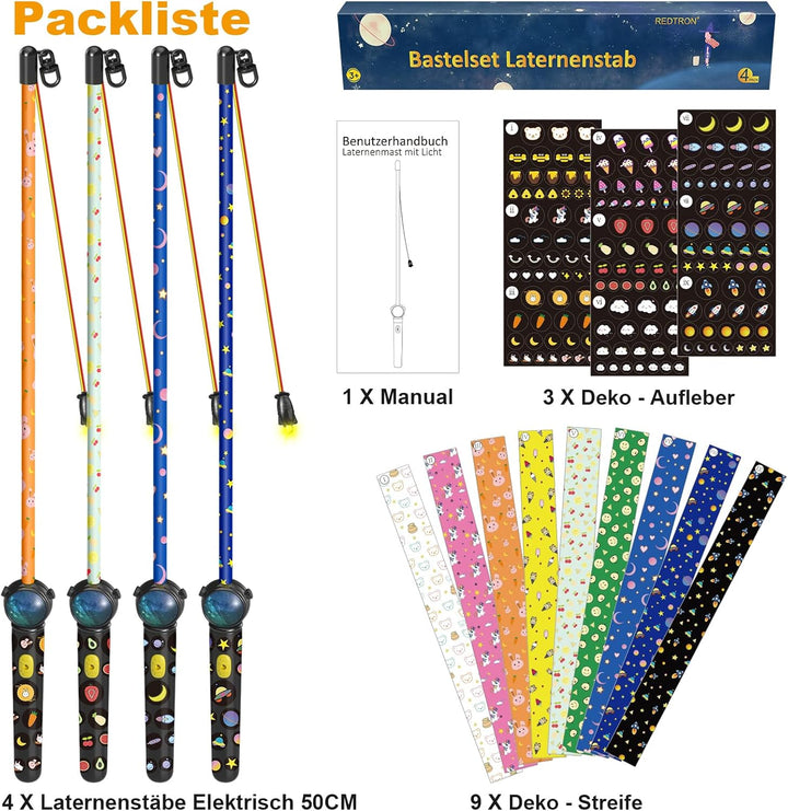 4er LED Laternenstab Elektrisch 50cm für St Martin,Sankt Martin Laterne Kinder Elektrischer Stab für