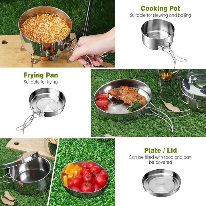 7 St¨¹ck Edelstahl Camping Kochgeschirr Set, Outdoor Kochgeschirr mit Faltbare Besteck, 1-2 Personen