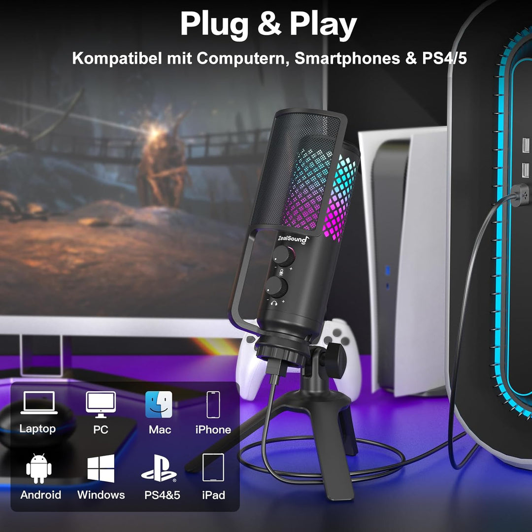 zealsound Gaming Mikrofon PC Handy - Vollmetall-Konstruktion USB Microphone mit Stummschalttaste, fü