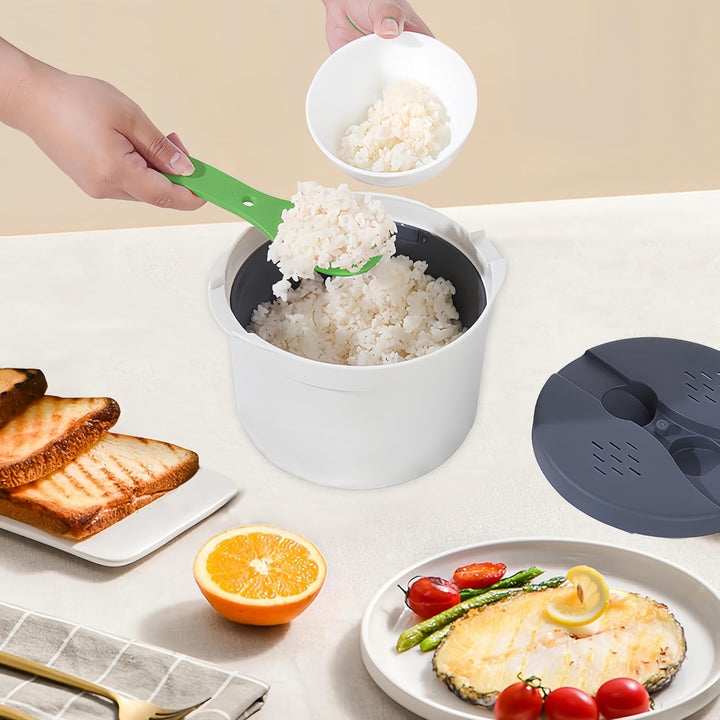 Mikrowellen Reiskocher, 2L Dampfgarer Runde Lebensmittelbehälter Kochen Multifunktionales Kochgeschi