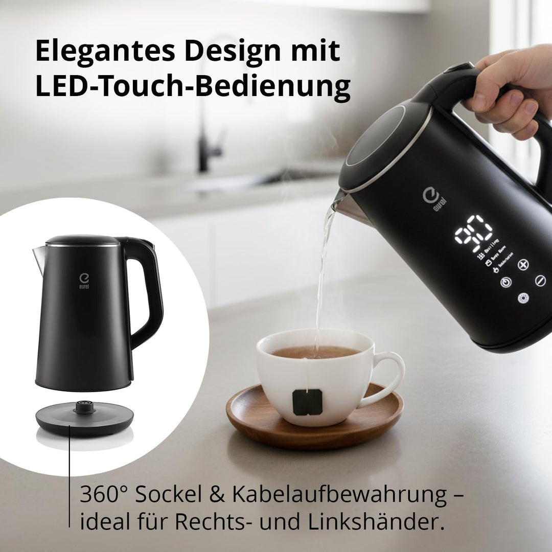 EUREL GV74 Wasserkocher, 1,6L Edelstahl, Schwarz | Temperatureinstellung, LED-Touch-Display, Tempera