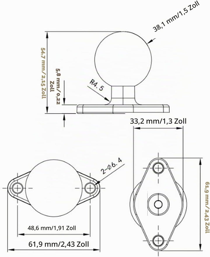 1,5 Zoll Ram Kugelhalterung, Ram Halterungskugel aus Eloxierter Aluminiumlegierung, Runde Platte mit