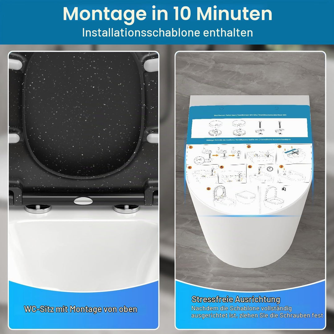 Toilettendeckel mit Absenkautomatik, WC Sitz D Form aus Duroplast, Schwarz Marmor Klodeckel mit Quic