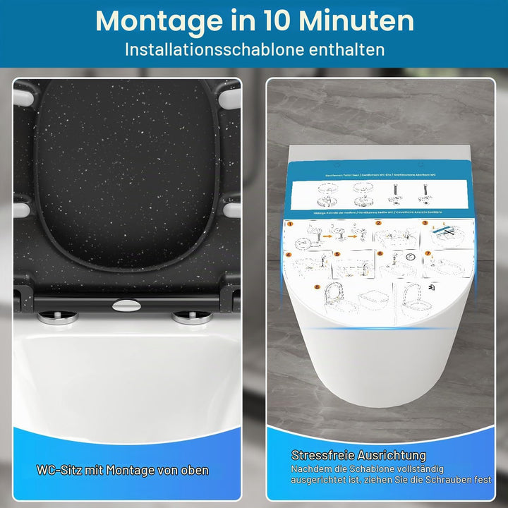 Toilettendeckel mit Absenkautomatik, WC Sitz D Form aus Duroplast, Schwarz Marmor Klodeckel mit Quic