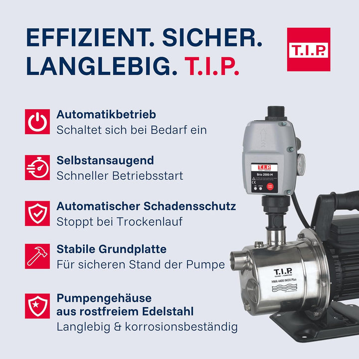 T.I.P. Hauswasserautomat Edelstahl (4.250 l/h Fördermenge, 44 m Förderhöhe, 4,4 bar Druck, 900 W, El