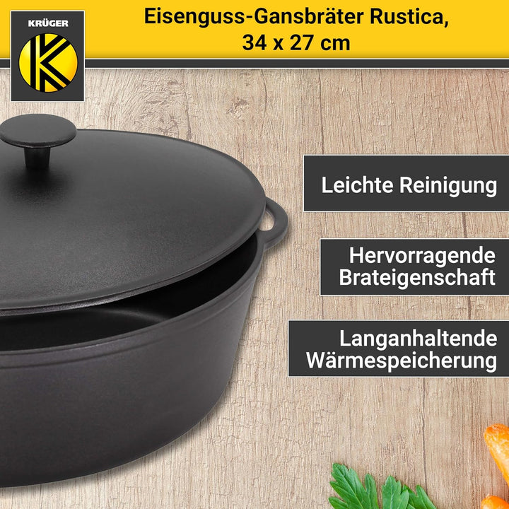 Krüger Gusseisen Gansbräter mit Deckel - emailliert - hohe Hitzebeständigkeit und sehr gute Wärmespe
