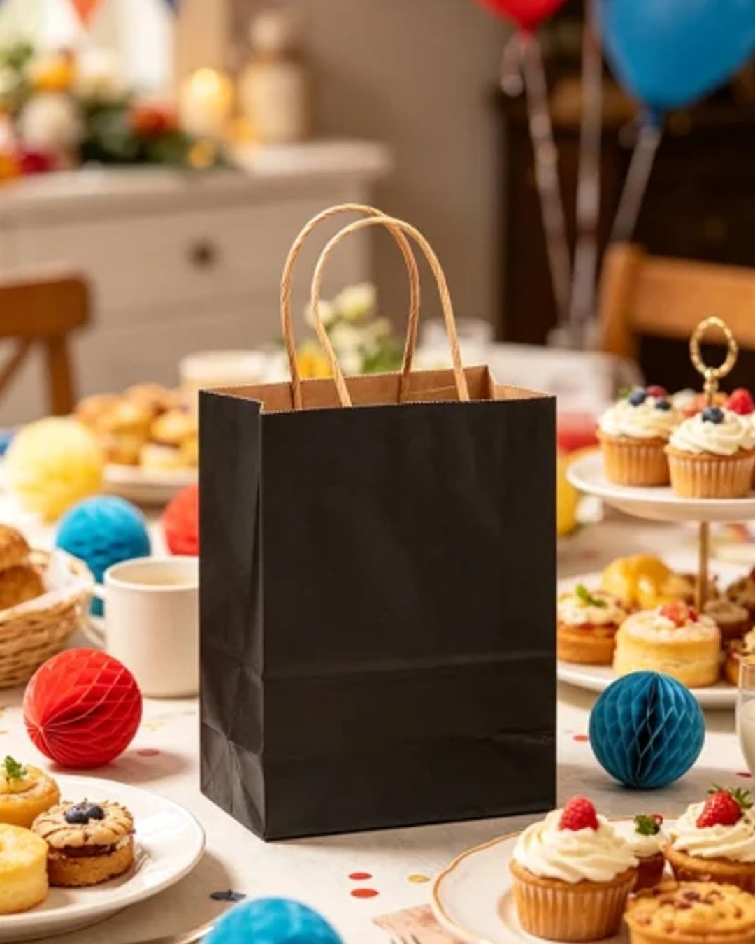 Gcardist 100-Packs schwarzes Geschenk Taschen mit Griffen Bulk 8.3"x6"x3.15" kleine Grösse Kraftpapi