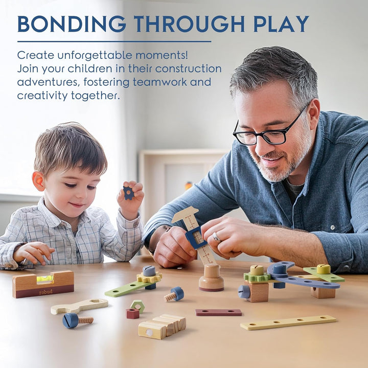 ROBUD Holzspielzeug Werkbank, Grosses Kinder Holz Spielwerkzeug, Pretend Play Creative Building Set,