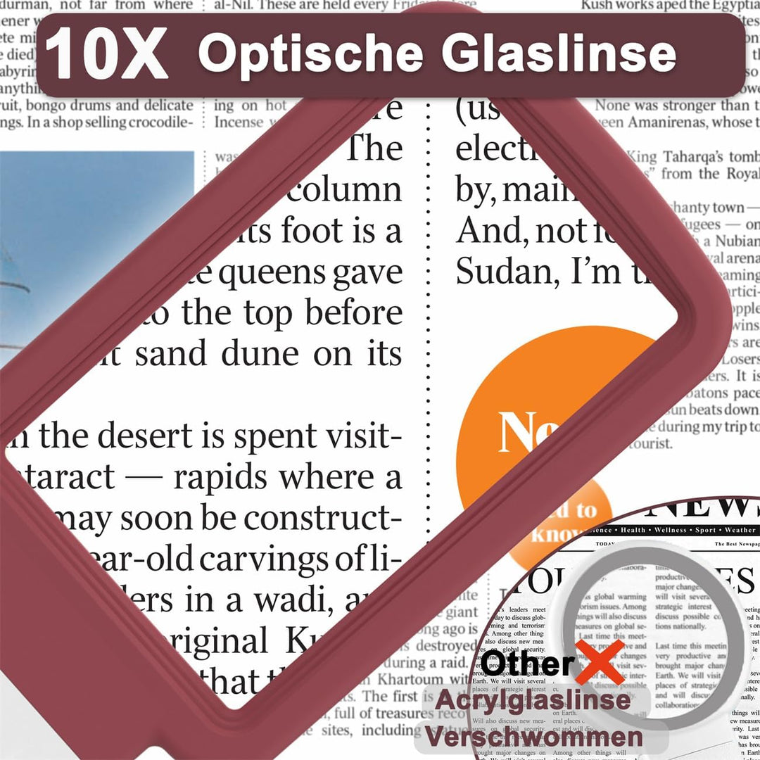 10X Lupe mit Licht und Ständer, Echtglaslinse Leselupe, Wiederaufladbare, Faltbare Grosse Handlupe,