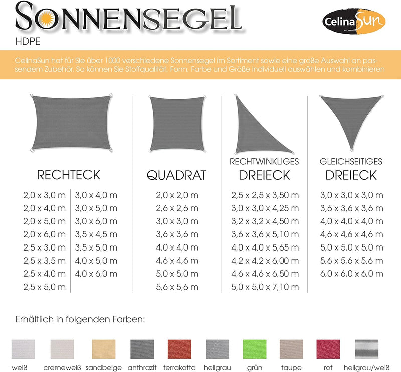 CelinaSun Sonnensegel inkl Befestigungsseile Premium HDPE wetterbeständig atmungsaktiv Rechteck 3 x