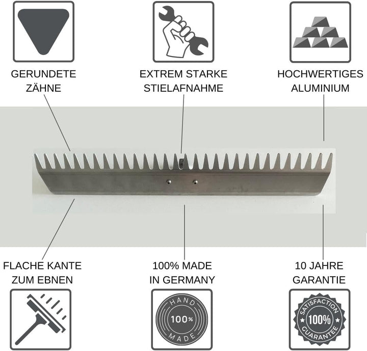RISISANI® Rechen | Breite 116 cm | 100% Made in Germany | Ohne Stiel mit optionalem Adapter für Gard