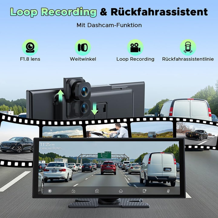 LAMTTO Wireless CarPlay Android Auto Display 10,25 Zoll In-Cell Touchscreen Car Play mit Dashcam 2.5