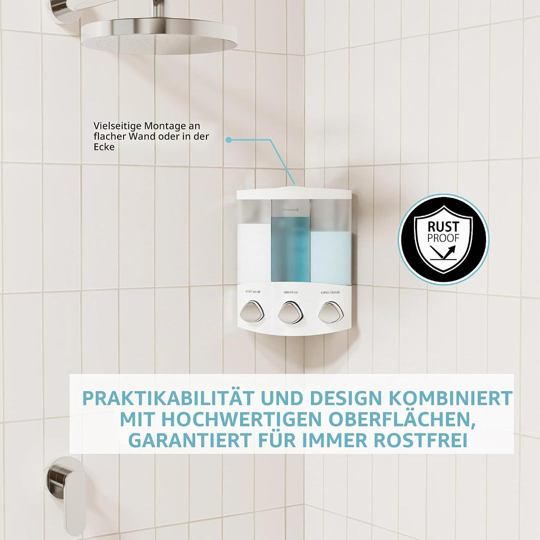 Better Living Seifen-, Duschgel- und Shampoo-Spender, in Chrom-Finish, ABS-Kunststoff, weiss, 3-Cham