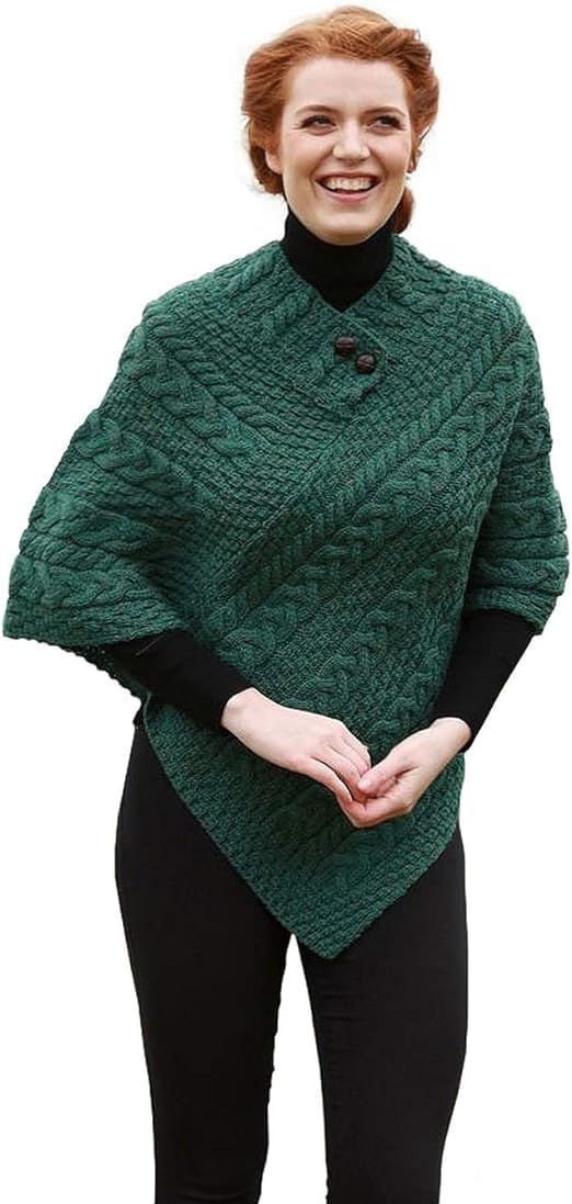 Irischer Aran Poncho Strickponcho Umhang Wollponcho aus 100% Merinowolle für Damen Einheitsgrösse Ar