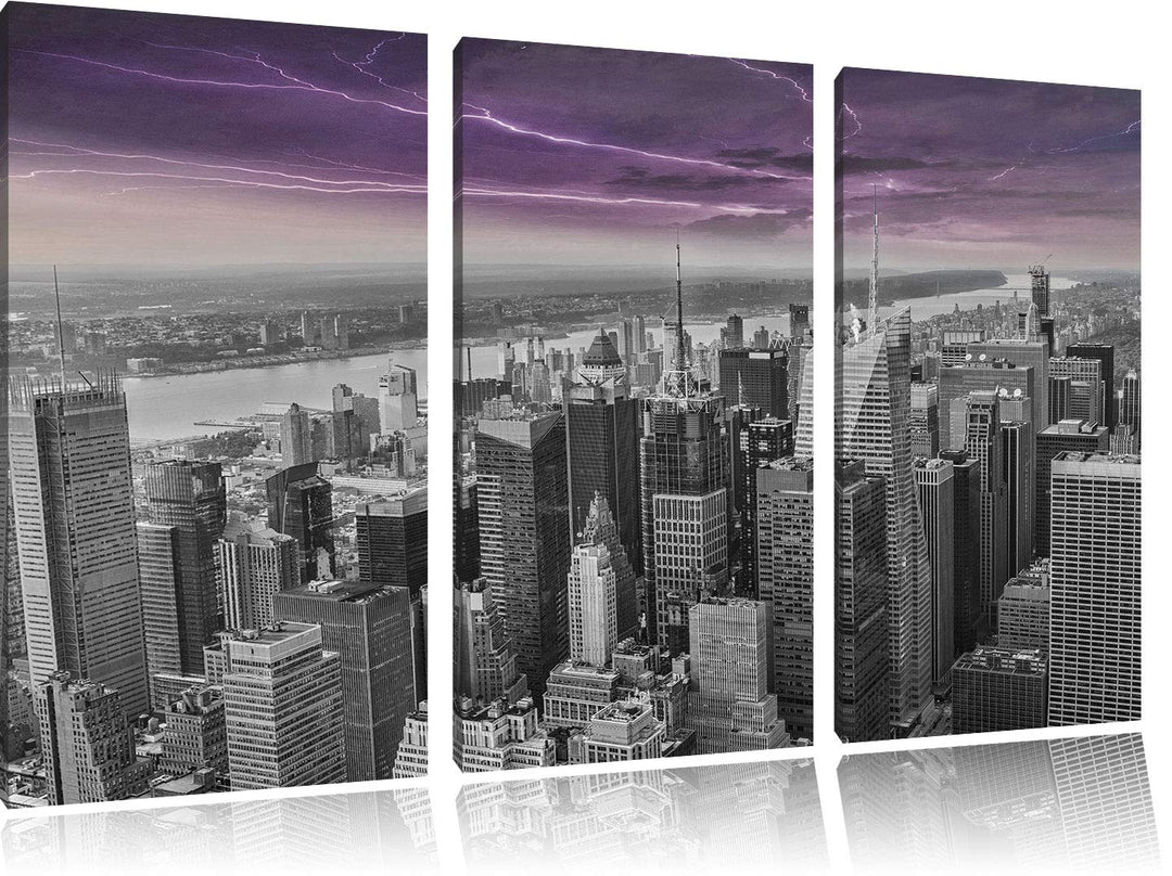 Skyline New York unter Gewitterhimmel schwarz/weiss 3-Teiler Leinwandbild 120x80 Bild auf Leinwand,
