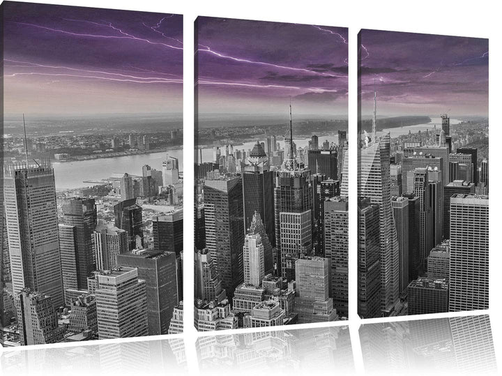 Skyline New York unter Gewitterhimmel schwarz/weiss 3-Teiler Leinwandbild 120x80 Bild auf Leinwand,