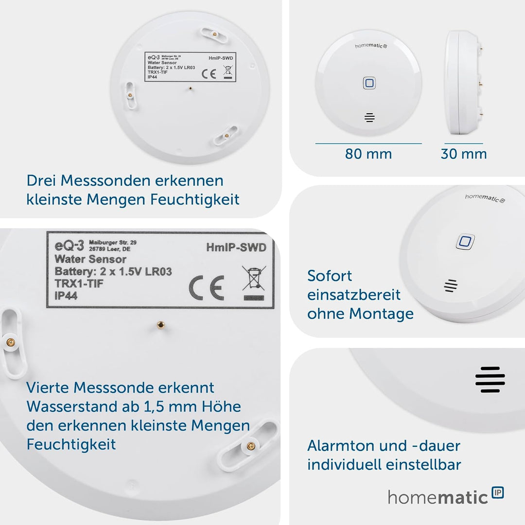 Homematic IP Smart Home 2er-Set Wassersensor, Wassermelder für zuverlässige Alarmierung per Sirene u