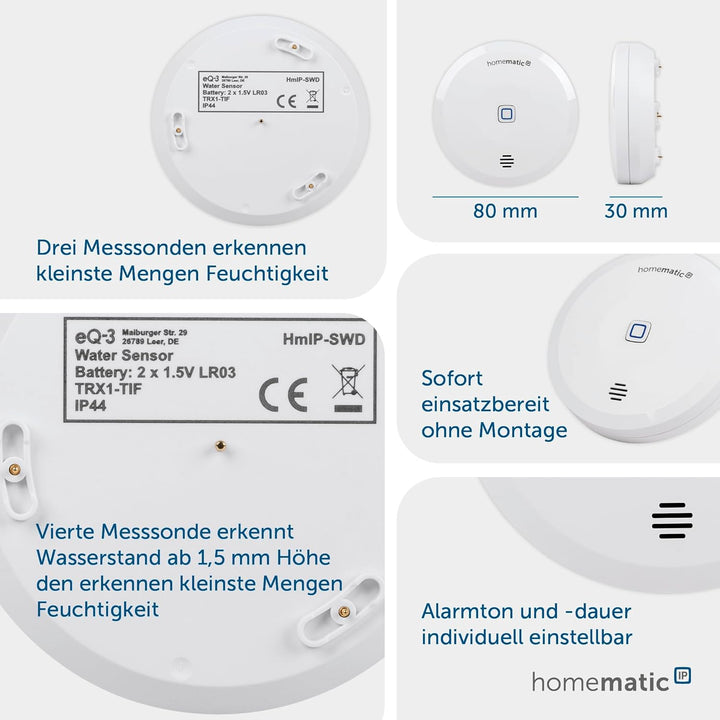 Homematic IP Smart Home 2er-Set Wassersensor, Wassermelder für zuverlässige Alarmierung per Sirene u
