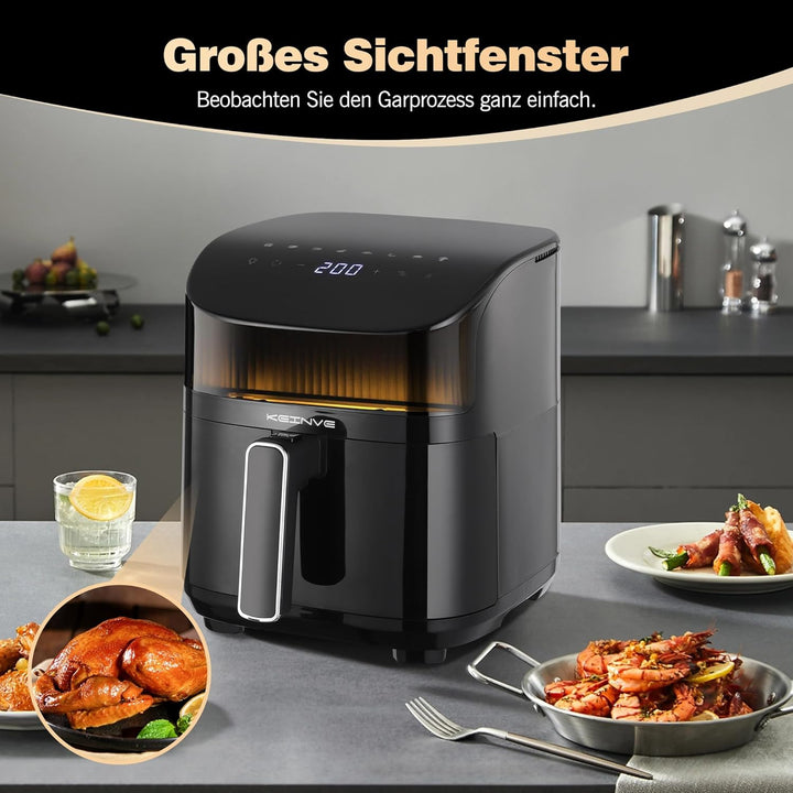 Airfryer Heissluftfritteuse, 8-in-1 Air Fryer XXL 5L, Heissluftfritteuse mit Sichtfenster & Shake-Re