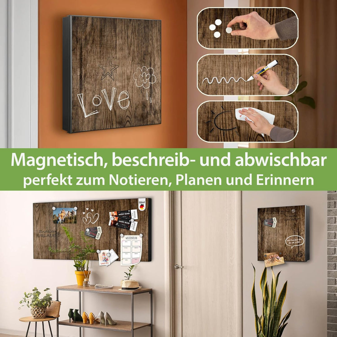 banjado® Grosser Schlüsselkasten Glas/Schlüsselbox 30cm x 30cm mit 50 Haken - Motiv Maserung Dunkel/
