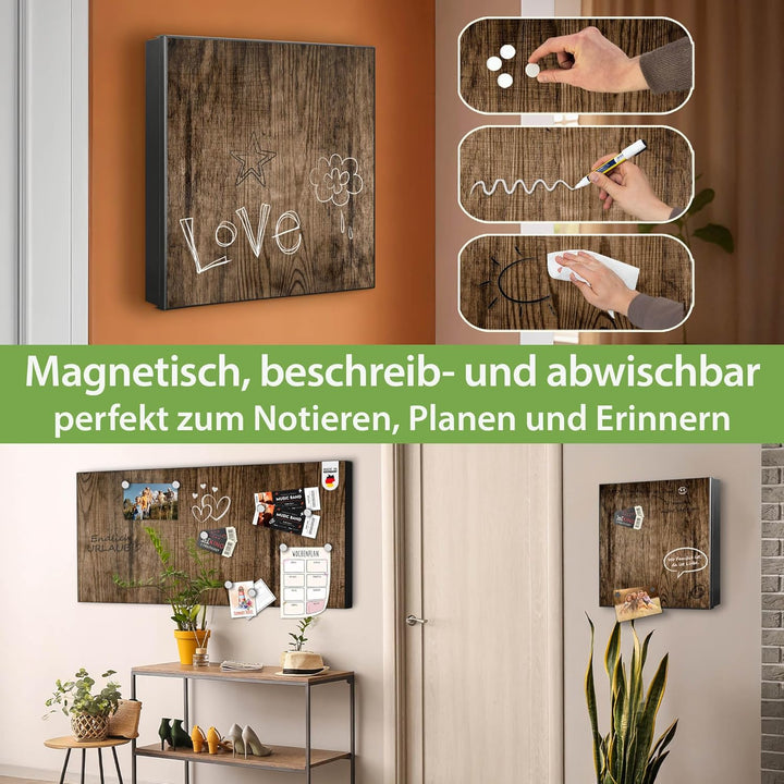 banjado® Grosser Schlüsselkasten Glas/Schlüsselbox 30cm x 30cm mit 50 Haken - Motiv Maserung Dunkel/
