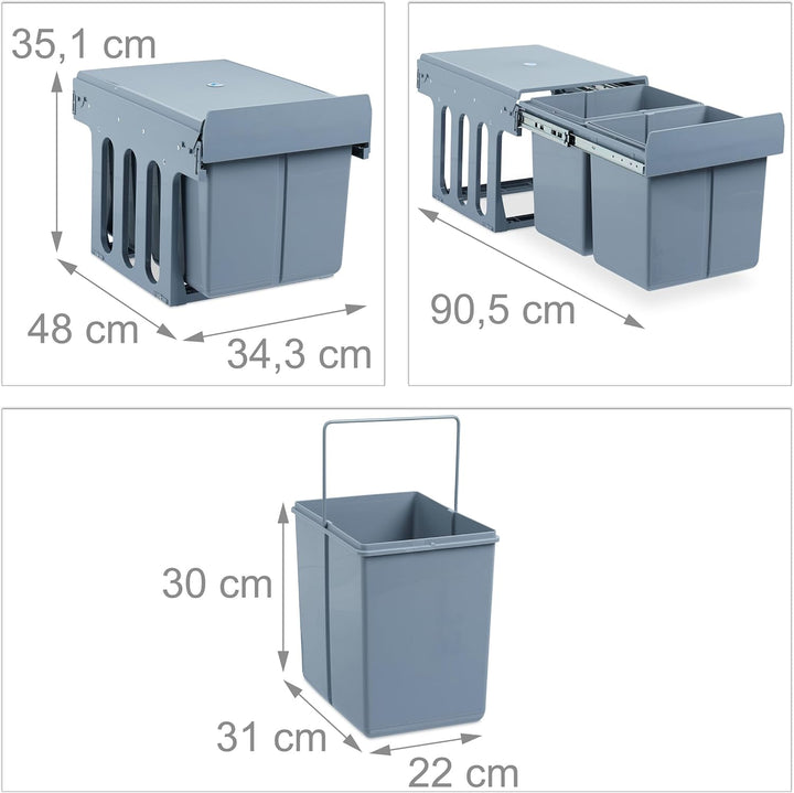 Relaxdays Einbaumülleimer Küche, Auszug, Duo je 15 l, Müllsystem Unterschrank, Kunststoff, HBT 35,1